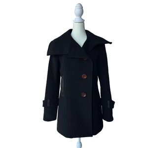 Mackage Black Wool Cashmere Coat Leather Trim Womens M Luxury Minimalist Winter